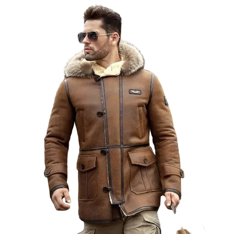 Men’s hooded shearling leather long bomber coat
