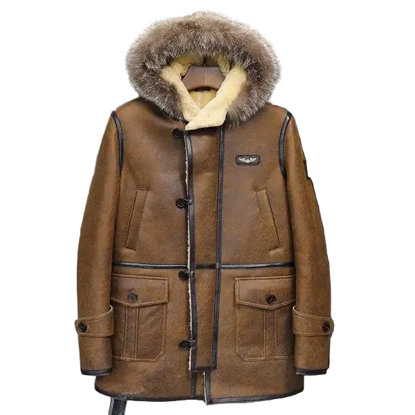 Men’s hooded shearling leather long bomber coat
