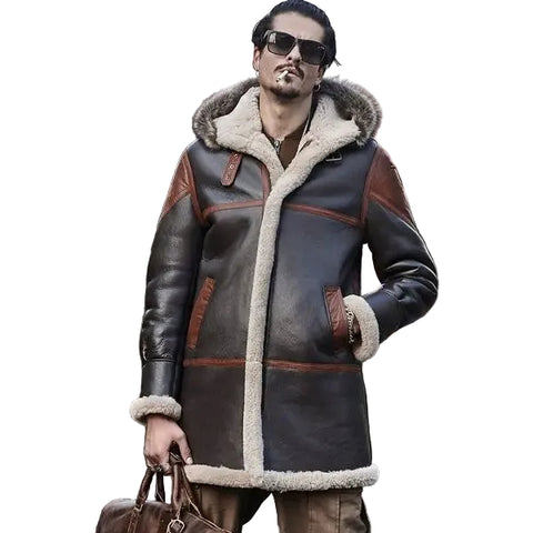 Men’s hooded shearling leather long trench coat
