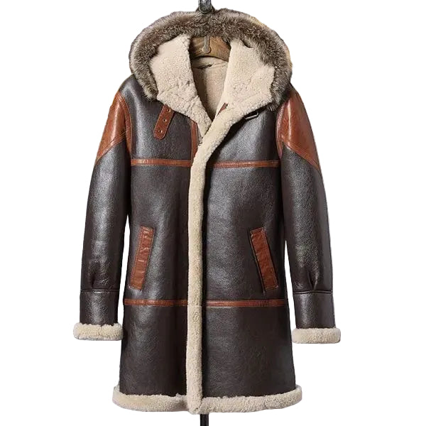 Men’s hooded shearling leather long trench coat
