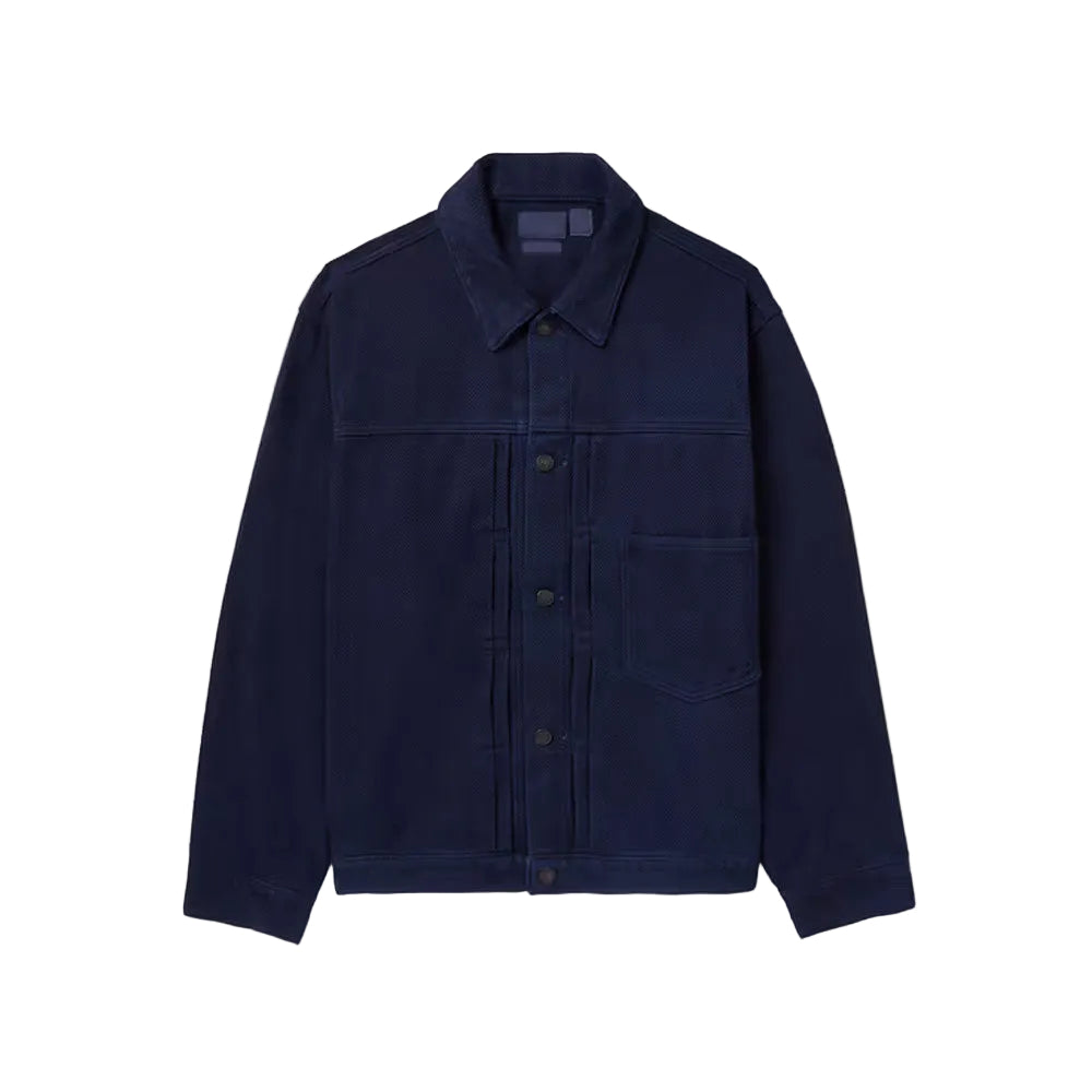 Men’s indigo cotton trucker jacket with sashiko stitching
