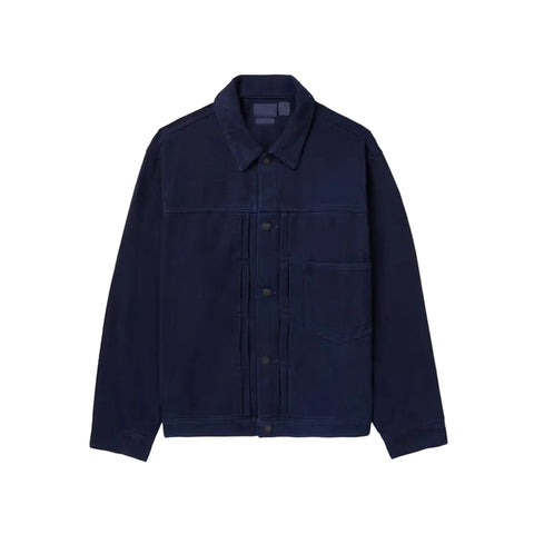 Men’s indigo cotton trucker jacket with sashiko stitching
