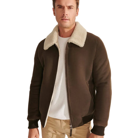 Men’s khaki sheepskin shearling bomber jacket
