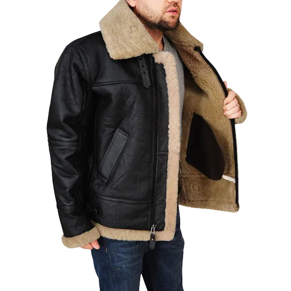 Men’s leather aviator jacket with shearling cuffs