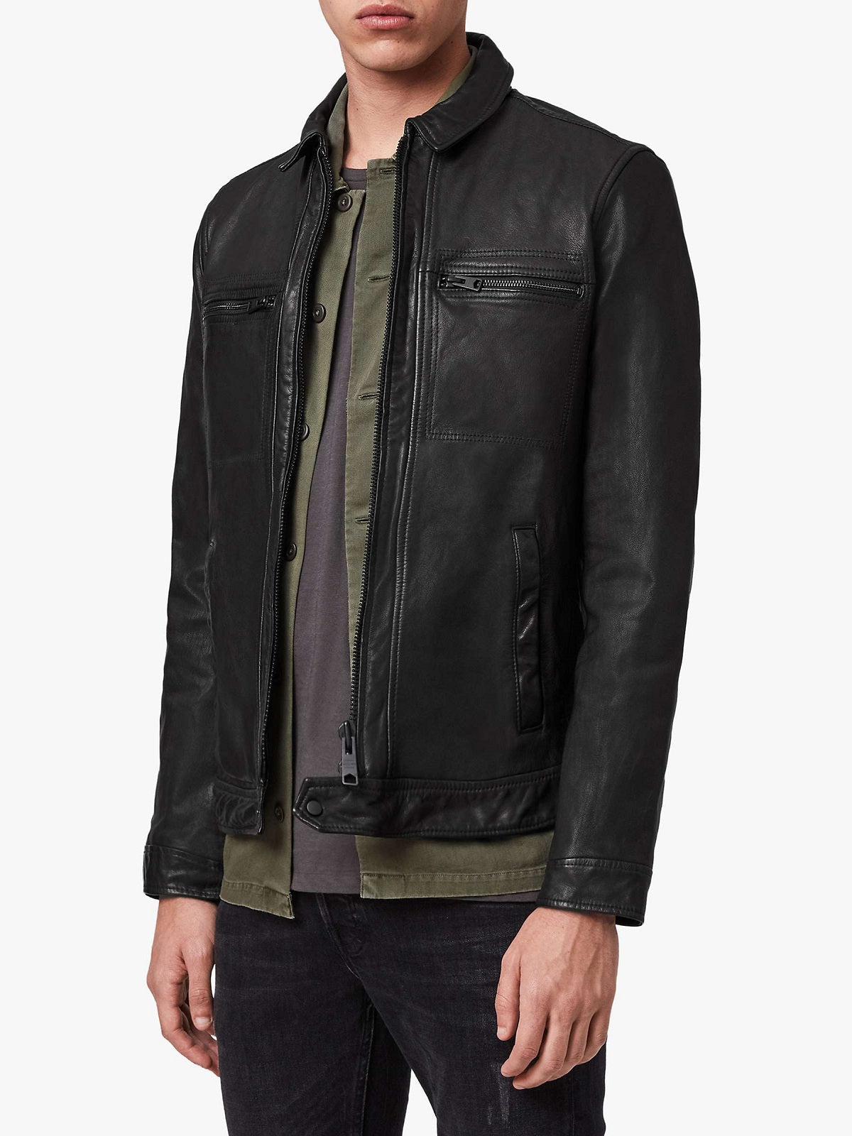 men's black leather shirt lucien detail close up