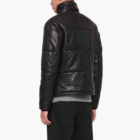 men’s black cowhide leather quilted jacket back view