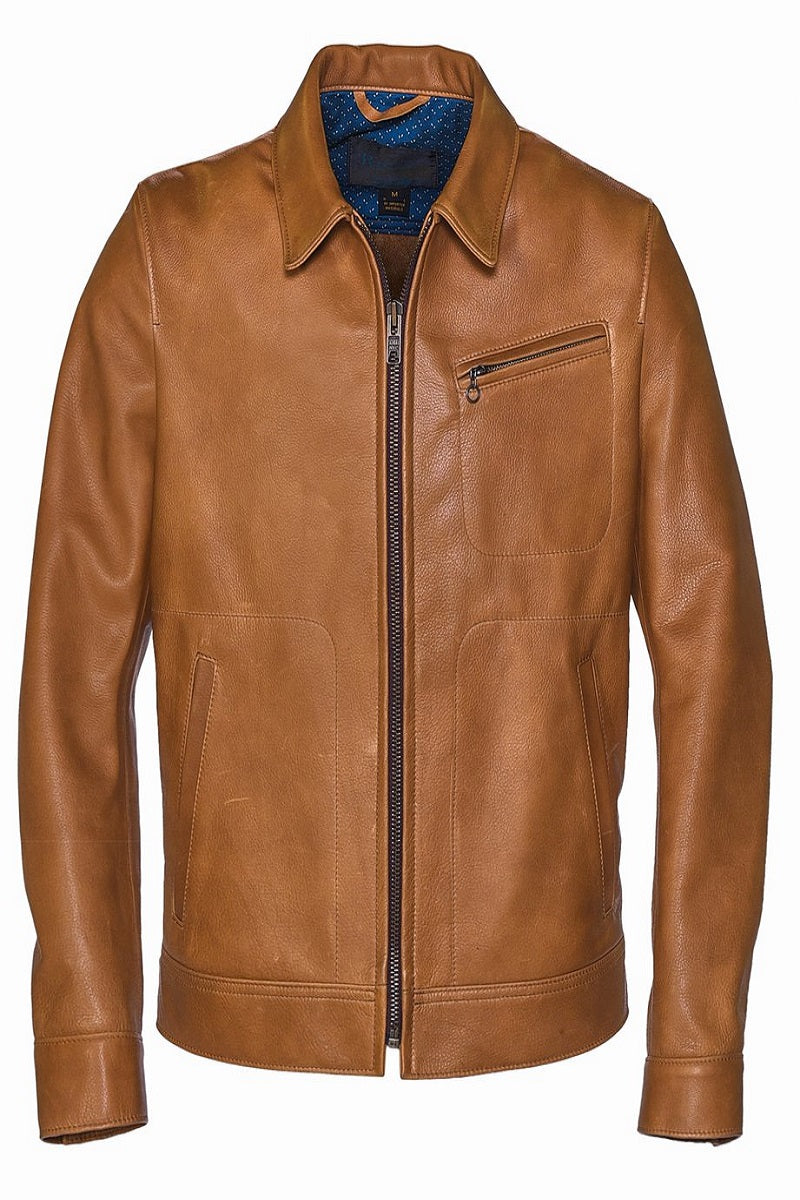 men’s light brown faux leather jacket front view