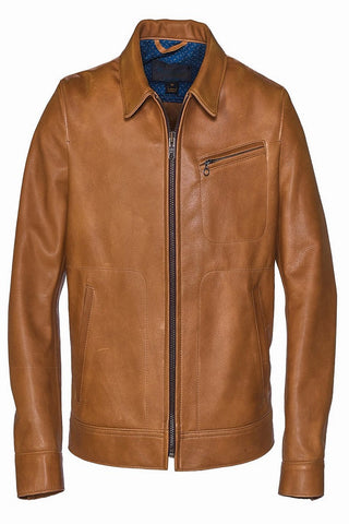 men’s light brown faux leather jacket front view