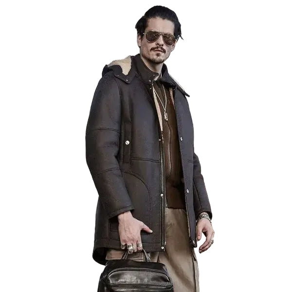 Men’s long winter aviator coat with fur detail
