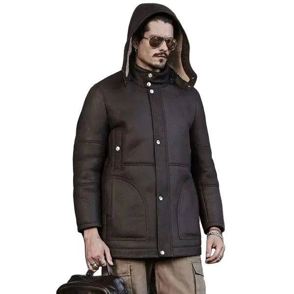 Men’s long winter aviator coat with fur detail