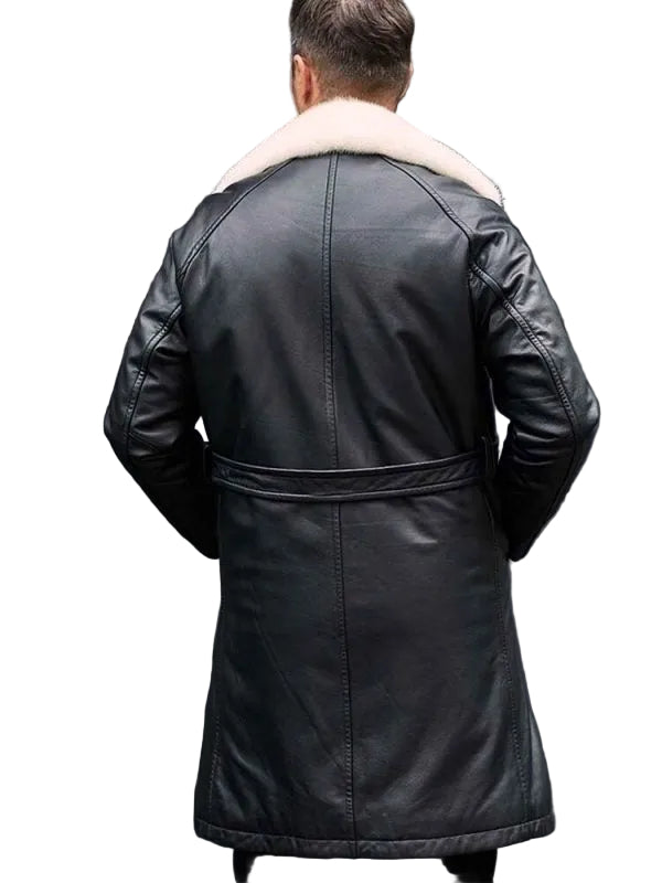Men’s long winter leather coat with fur-style detail