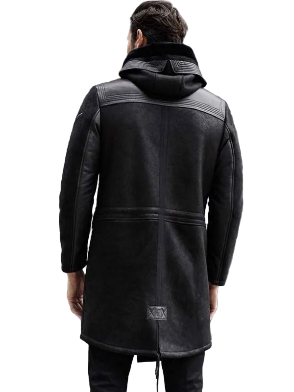 Men’s long winter leather coat with fur-style detail