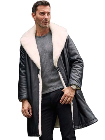 Men’s long winter leather coat with fur-style detail