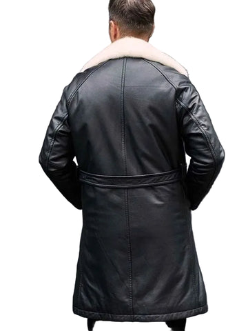 Men’s long winter leather coat with fur-style detail