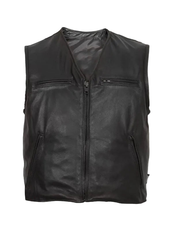 men’s black cowhide leather vest front view