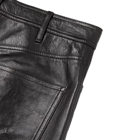 men's black sheepskin leather pants silas detail close up