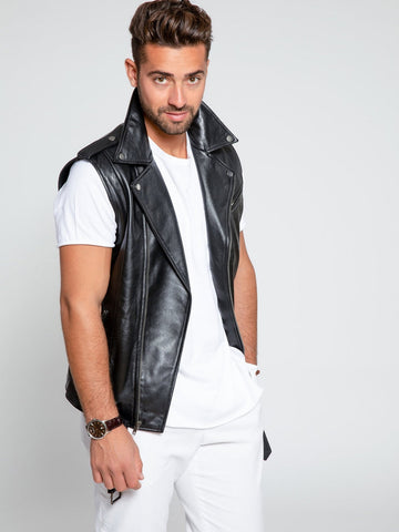 men's black leather vest cassian detail close up