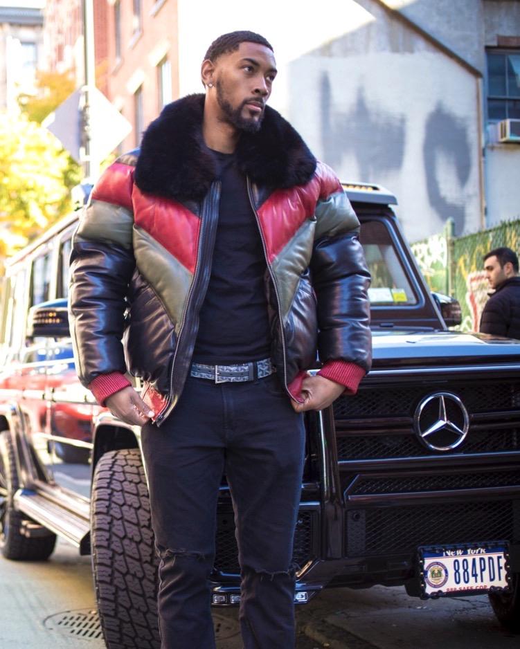 Men’s multi colour lambskin bomber jacket with fur collar
