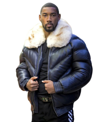 Men’s navy blue lambskin bomber jacket with off white fur collar
