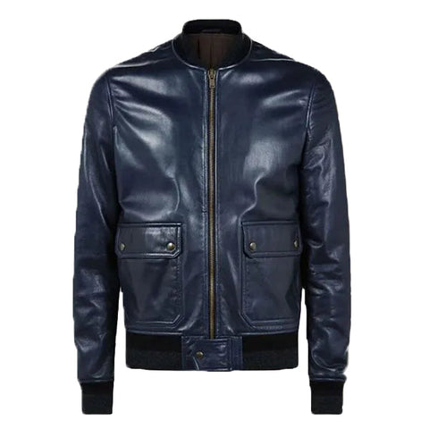 men’s blue cowhide leather bomber jacket front view