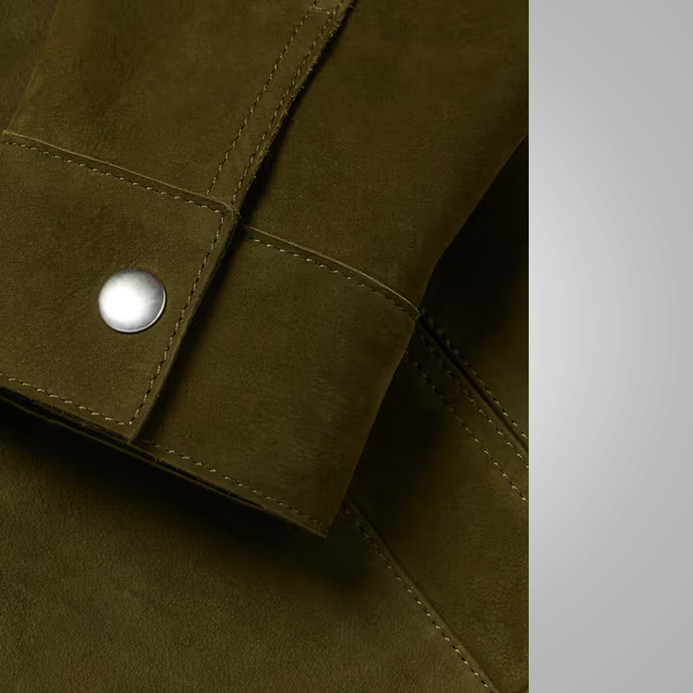 men's olive green leather trucker jacket lucien back view