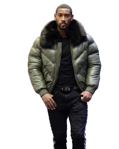 Men’s olive green lambskin bomber jacket with black fur collar
