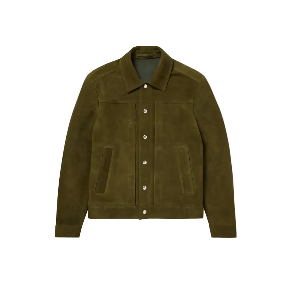 men's olive green leather trucker jacket lucien front view
