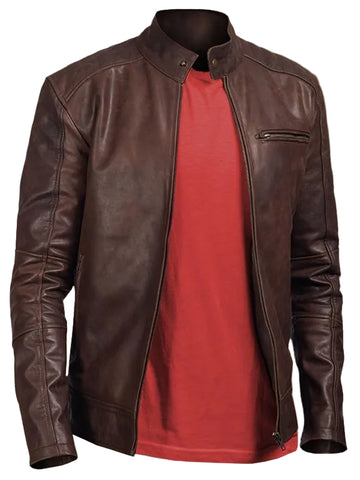 men’s brown cowhide leather biker jacket front view