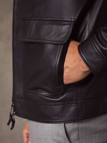 men's black leather shirt cassian detail close up