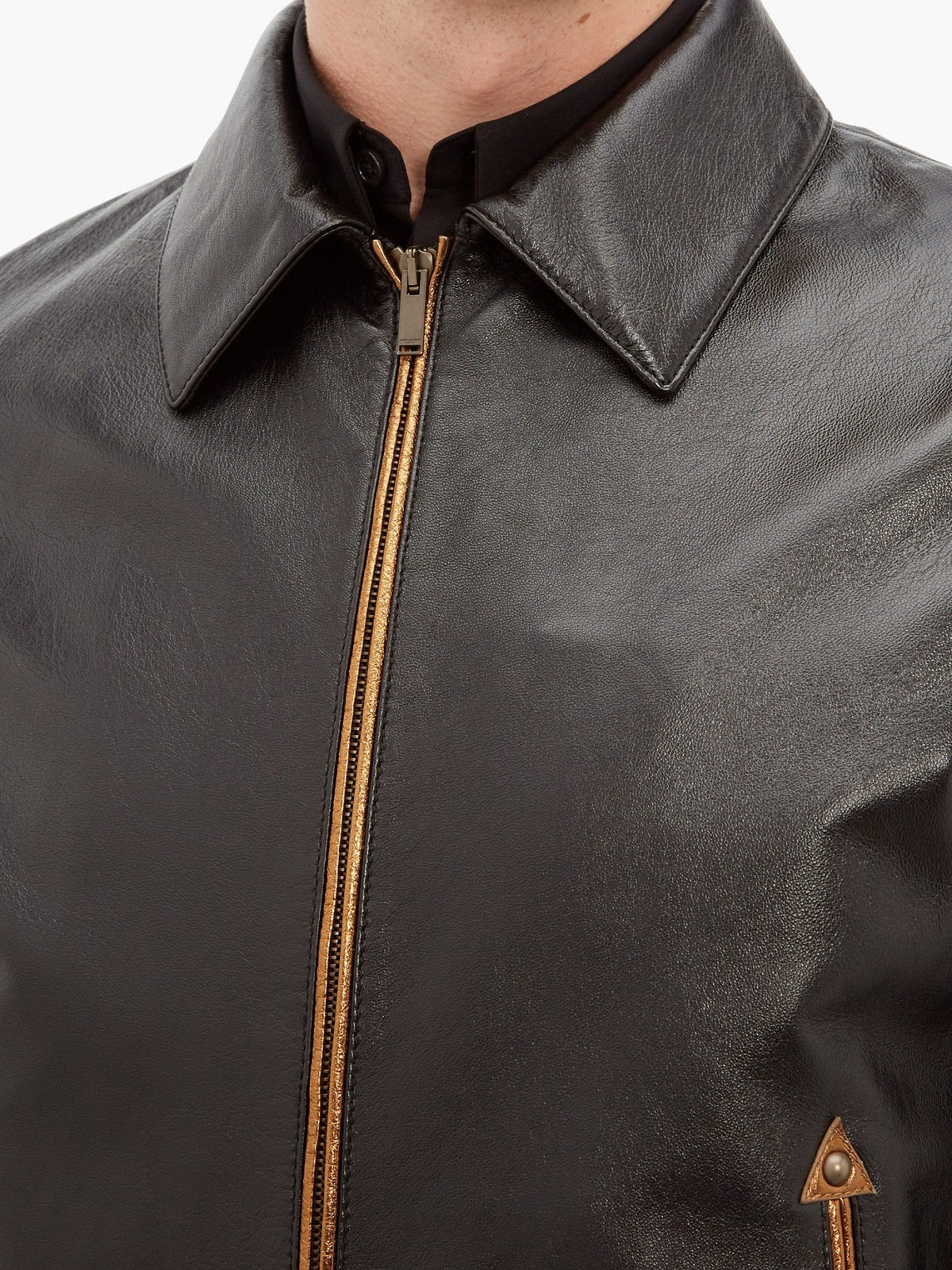 men's black leather shirt marek detail close up
