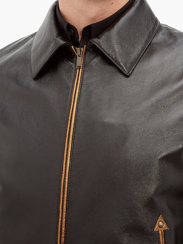 men's black leather shirt marek detail close up