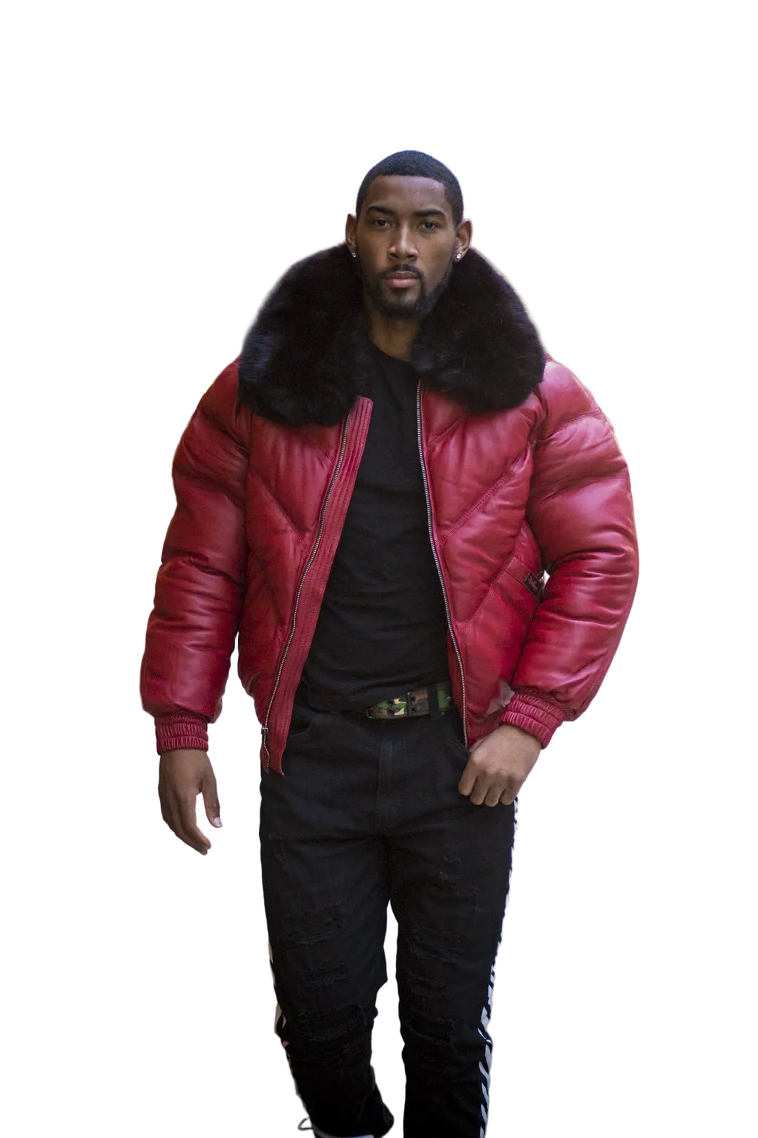 Men’s red lambskin bomber jacket with black fur collar

