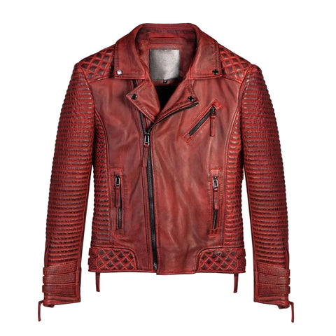 Men’s red waxed leather motorcycle jacket
