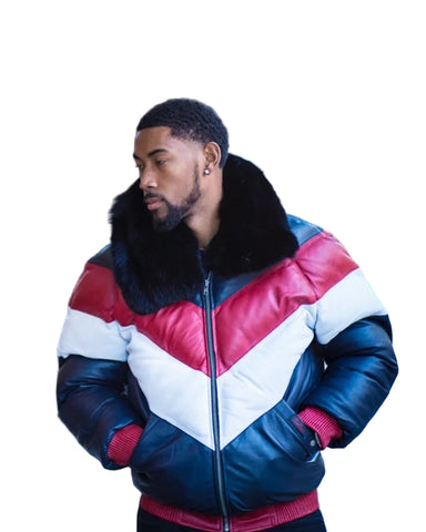 Men’s red white blue lambskin bomber jacket with fur collar
