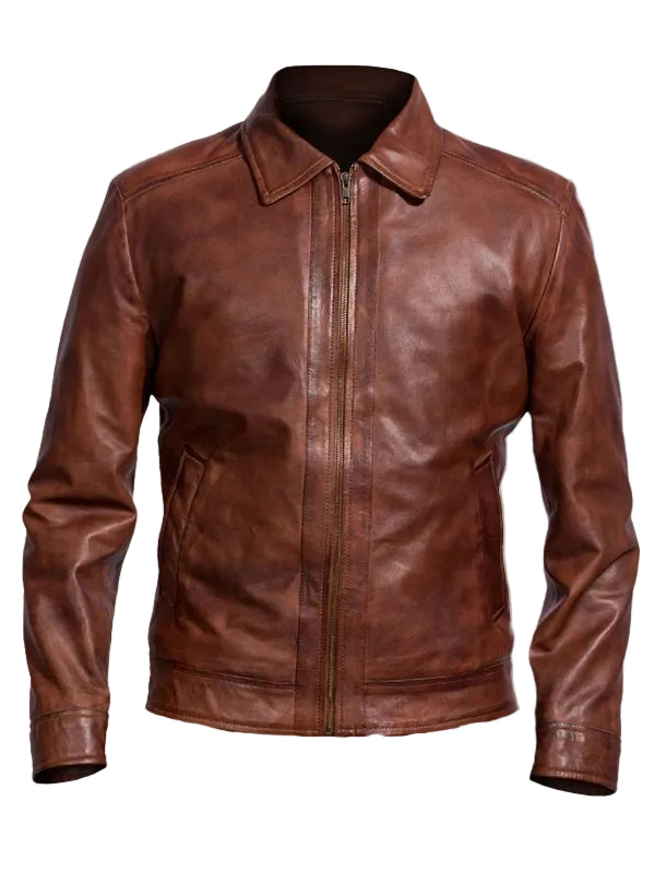 men’s brown faux leather jacket front view