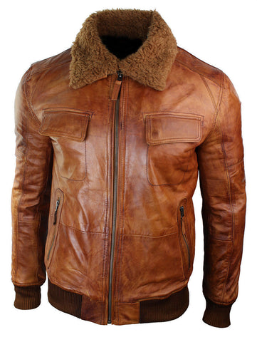 Men’s rust tan brown B3 bomber aviator pilot leather jacket with fur collar