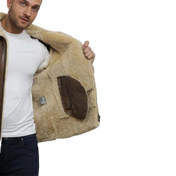 men’s brown sheepskin leather aviator jacket product view