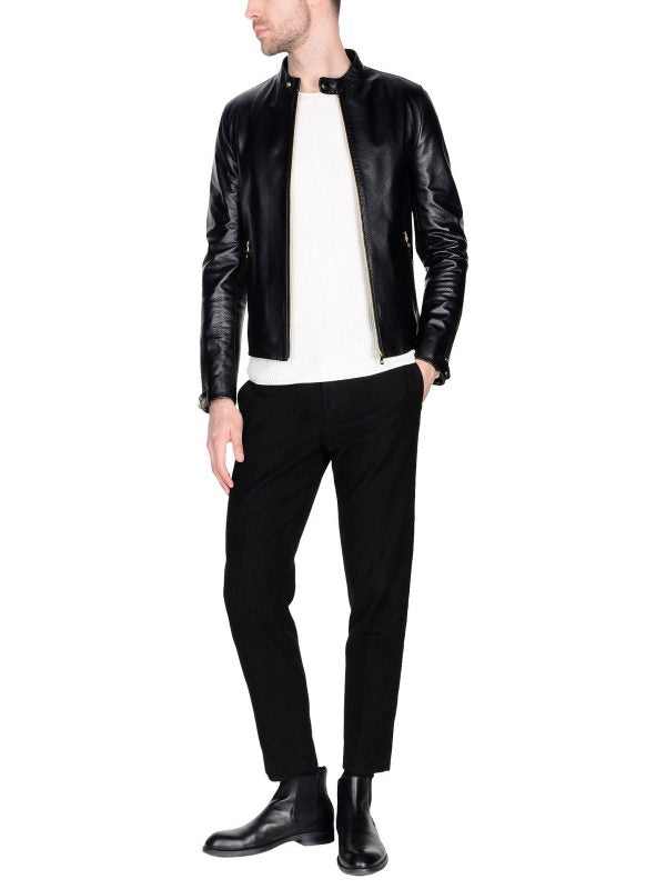 Men’s shiny black leather jacket
