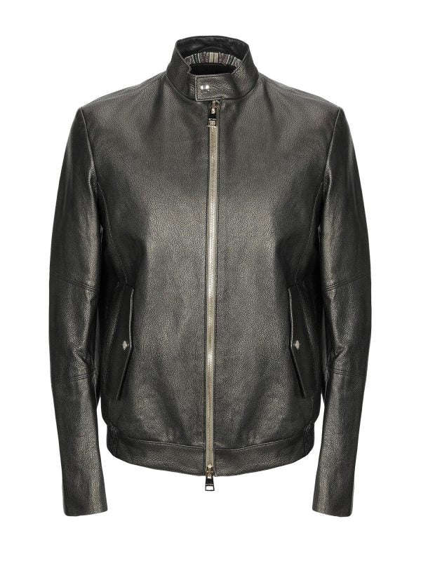 Men’s shiny jet black leather jacket
