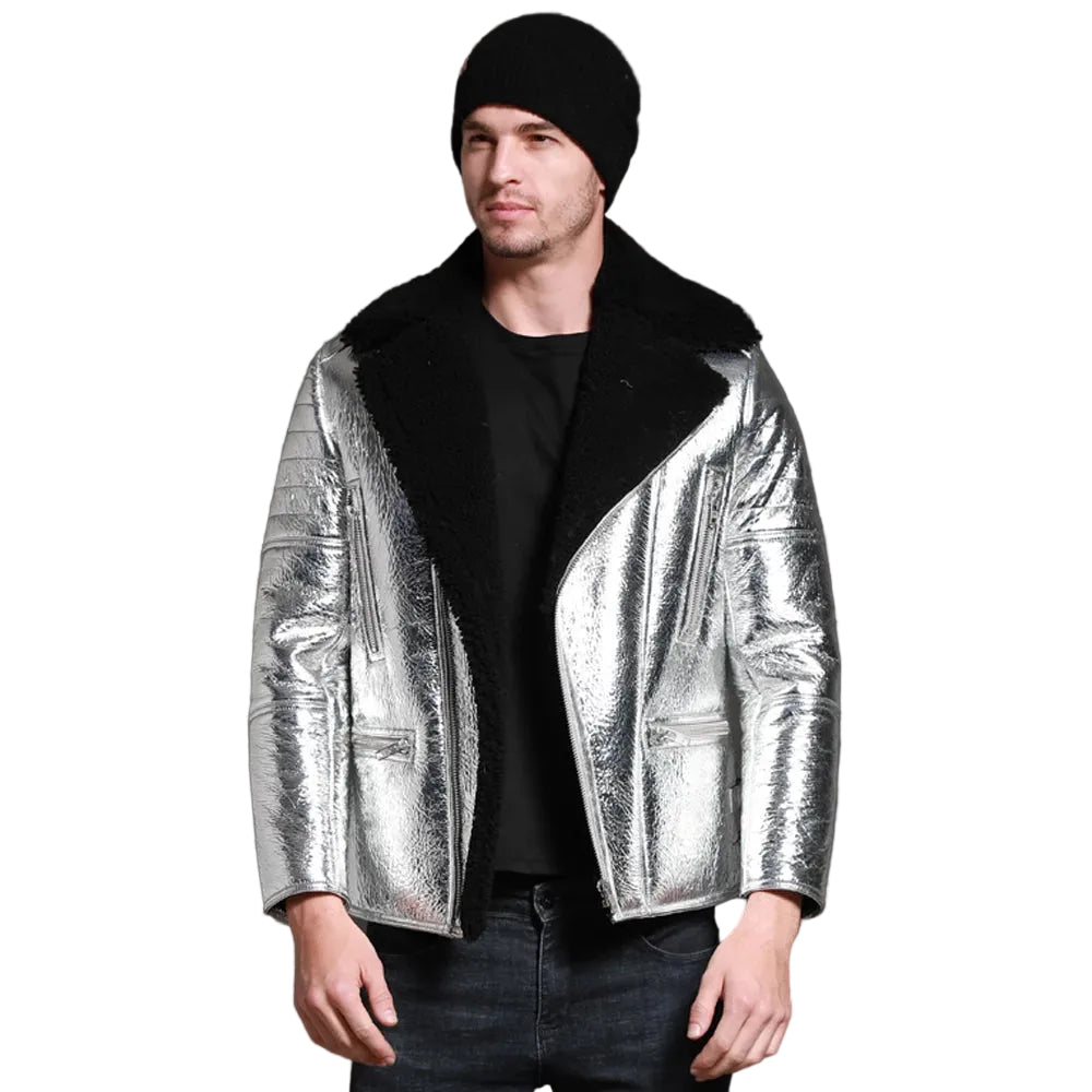 Men’s silver sheepskin shearling pilot jacket
