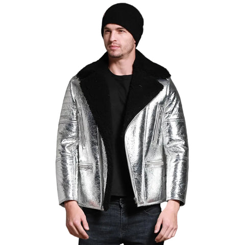 Men’s silver sheepskin shearling pilot jacket
