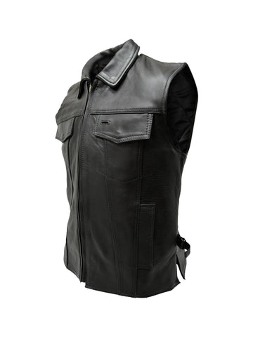 Men’s sleeveless leather jacket with shirt collar