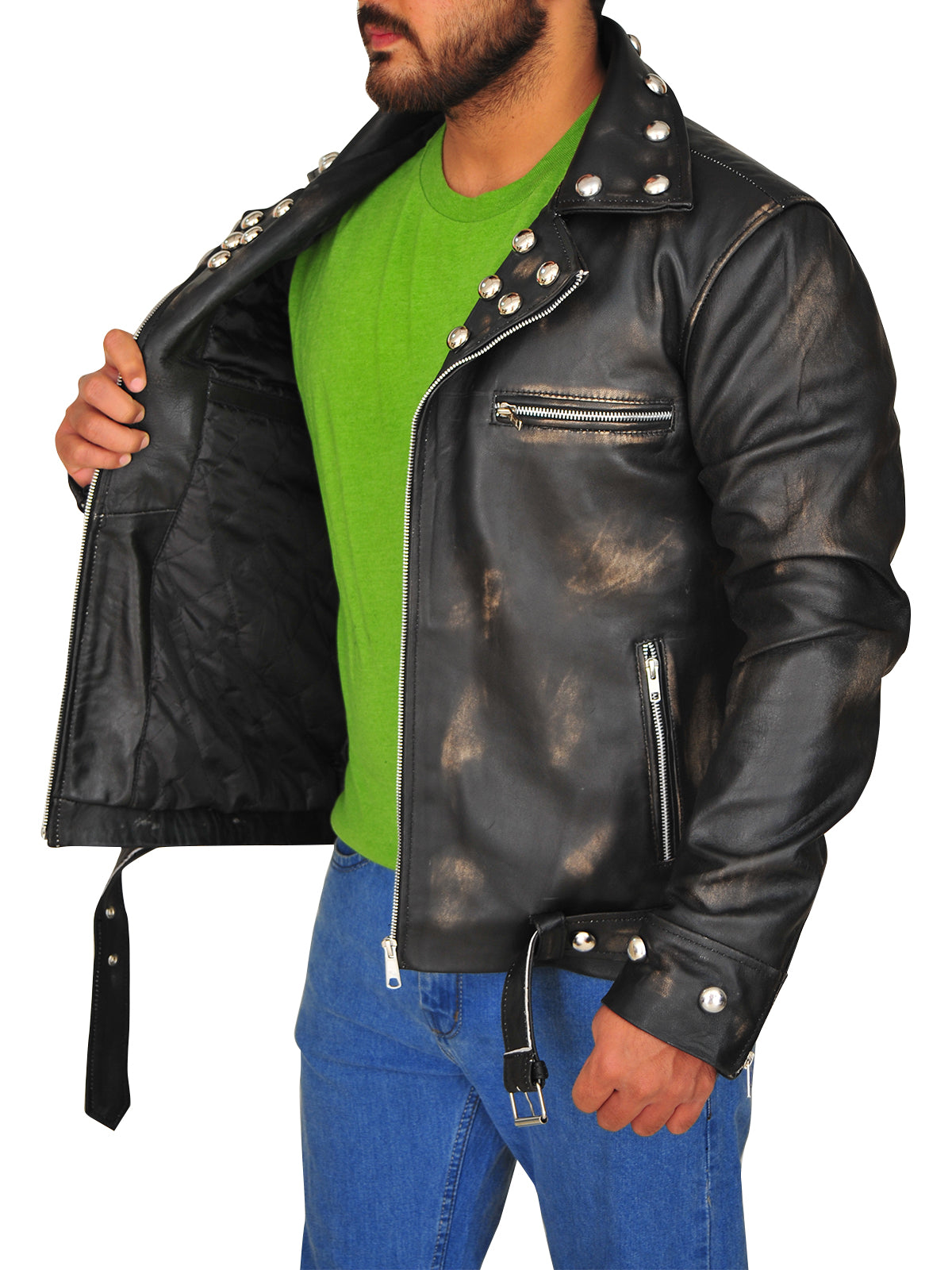 men’s brown faux leather jacket back view