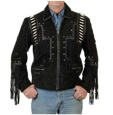 men's black fringe suede leather jacket elias side angle