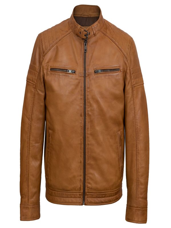 Men’s tan brown faux leather biker jacket
