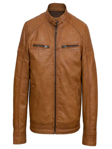 Men’s tan brown faux leather biker jacket
