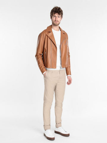 Men’s tan brown leather biker jacket
