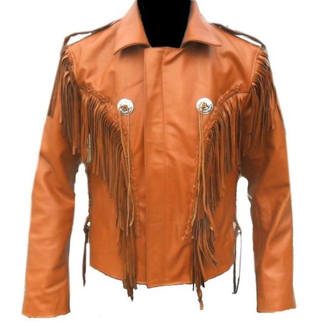 Men’s tan western cowhide leather fringe jacket
