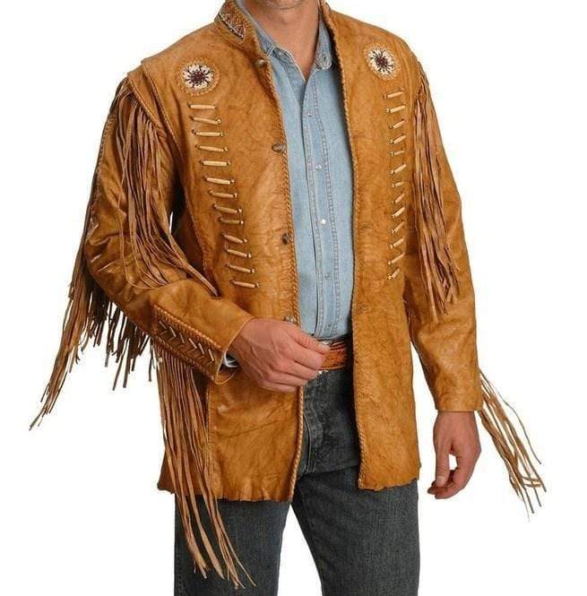 Men’s tan western leather fringe cowboy jacket

