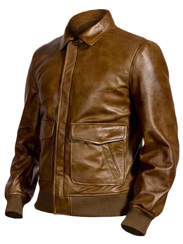 Men’s traditional brown leather jacket with rib cuffs

